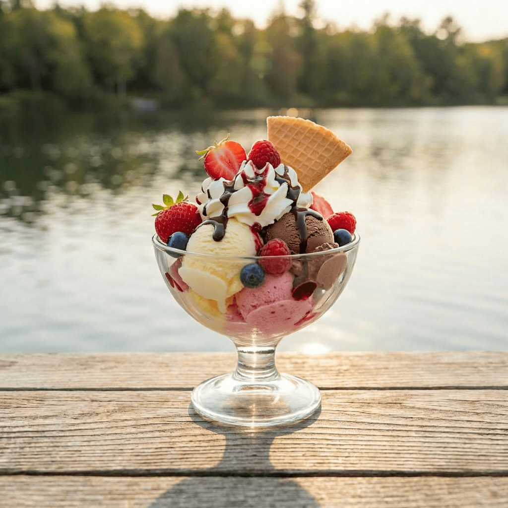 Eisbecher mit bunten Eiskugeln, Früchten und Waffel in einem Glaspokal auf einem Holzsteg am See