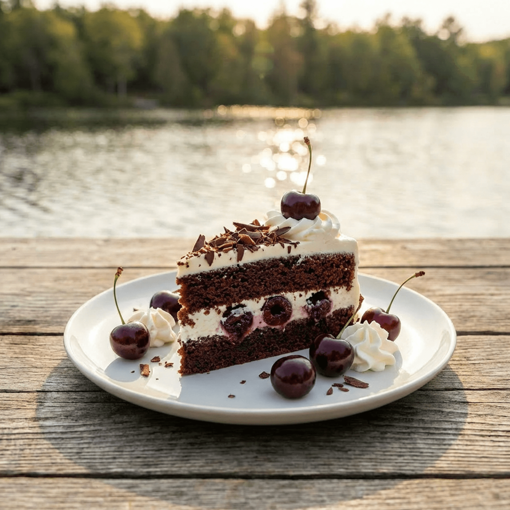 Schwarzwälder Kirschtorte mit Sahne und Kirschen auf einem Teller, Holzsteg am See